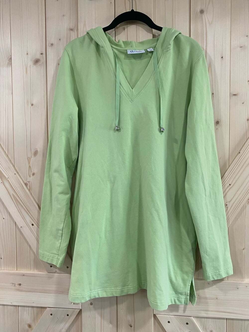 Denim & Co. Green V-Neck Long Sleeve Hooded Sweatshirt with Drawstring